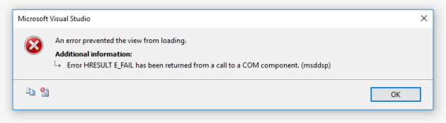 HRESULT E_FAIL has been returned from a call to a COM component